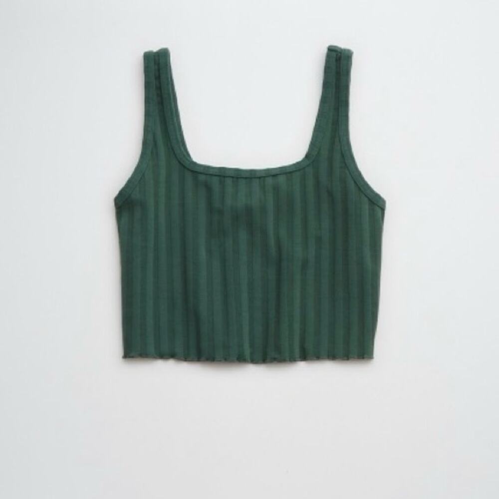 Aerie | Green Groove Crop Top Ribbed Faded Wash Lettuce Trim Bottom Preppy